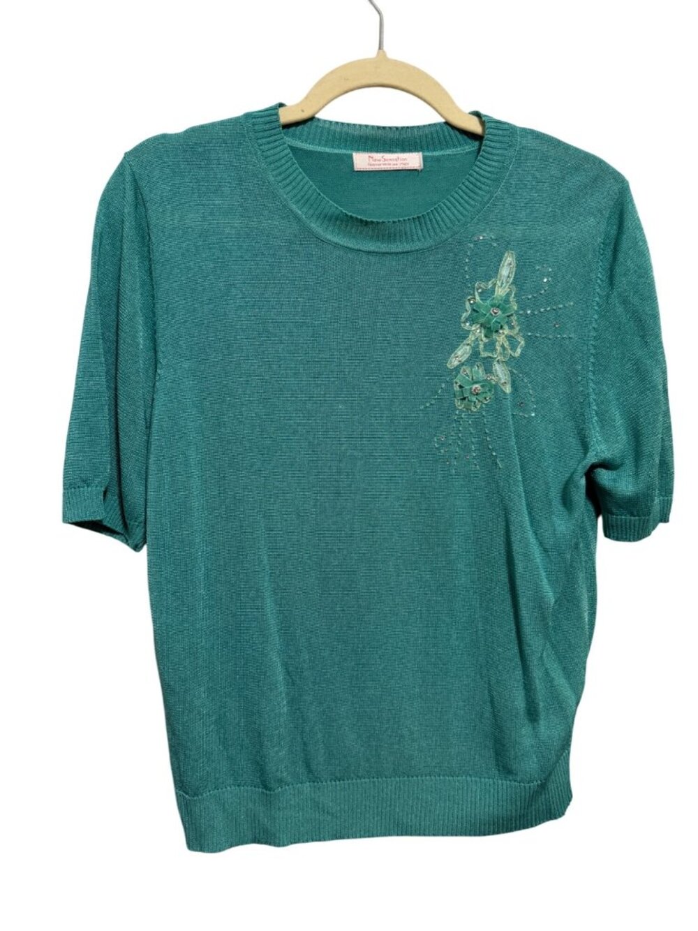 New Sensation Womens Embellished Teal Short Sleeve Top size medium
